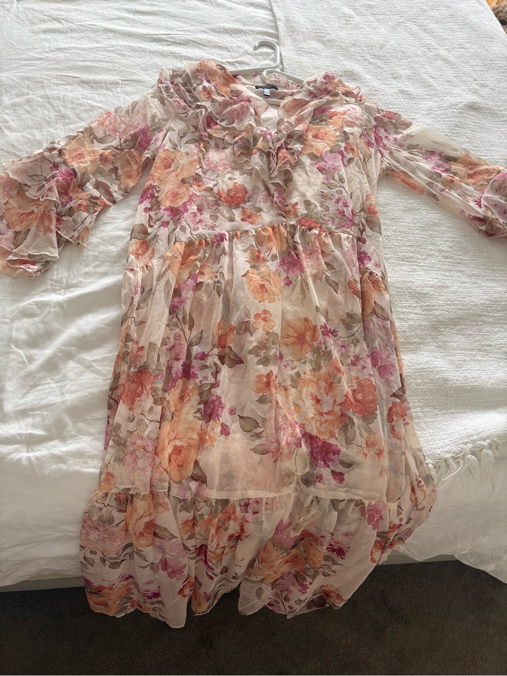 Aqua Cream Floral Ruffle Neck Chiffon Dress with Pink & Peach Blooms